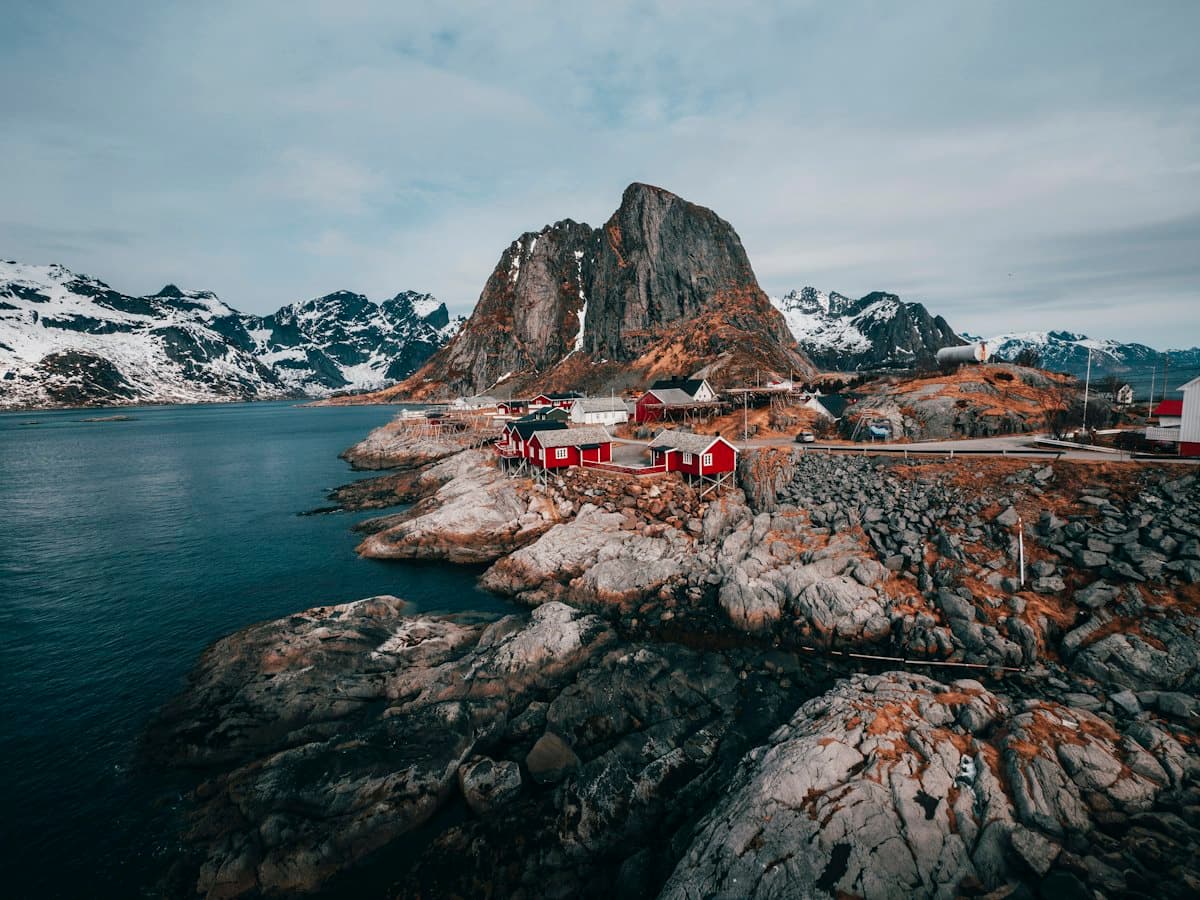 Coastal fishing village by rocky shore